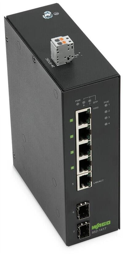 WAGO 852-1417  Endüstriyel ECO Switch 5-port 1000Base-T 2-Slot 1000Base-SX/LX Geniş Sıcaklık Aralığı 4xEthernet Üzerinden Güç