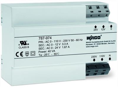 WAGO 787-974  Trafo Güç Kaynağı Giriş Gerilimi 230VAC Çıkış Gerilimi 12 - 24VAC Çıkış Gücü 40VA