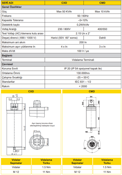 ENT.CXD-400-15 15KVAR  400VAC AG Ağır Hizmet Güç Kondansatör