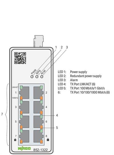 WAGO 852-1322  Endüstriyel Yönetilebilir Switch 8-Port 1000Base-T MAC Security