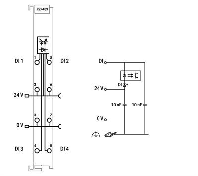 WAGO 753-409   4 Kanallı Dijital Giriş 24 VDC 0.2ms Düşen Kenar Anahtarlama