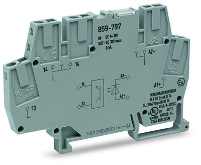 WAGO 859-797    Optokuplör modülü Nominal giriş gerilimi 12 VDC Çıkış gerilimi aralığı 3 - 30 VDC Sınırlayıcı sürekli akım 0.5A 2 telli bağlantı Modül genişliği 6mm Gri