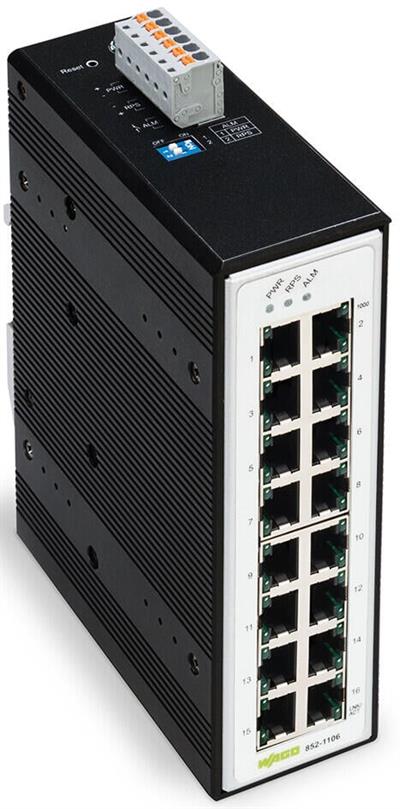 WAGO 852-1106  Endüstriyel Switch 16 Port 1000Base-T Geniş Sıcaklık Aralığı Metalik Siyah
