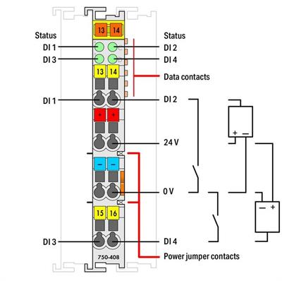 WAGO 750-408/025-000   4 Kanallı Dijital Giriş 24 VDC 3ms Düşen Kenar Anahtarlama Geniş Sıcaklık
