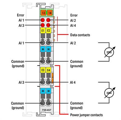 WAGO 750-457/025-000   4 Kanallı Analog Giriş ±10 VDC Tek Uçlu Geniş Sıcaklık