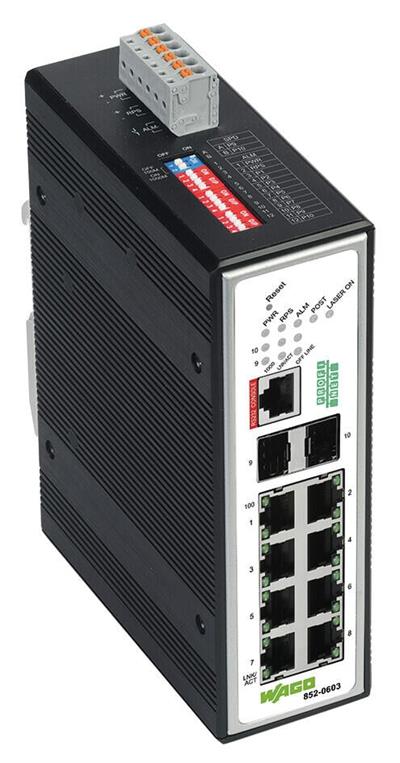 WAGO 852-603  Endüstriyel Yönetilebilir Switch 8-port 100Base-TX 2-Slot 1000Base-SX/LX PROFINET Geniş Sıcaklık Aralığı