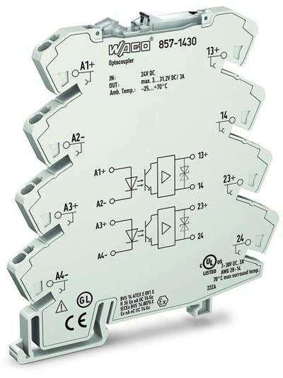 WAGO 857-1430   Optokuplör Modülü 2 Portlu Nominal Giriş Gerilimi 24VDC Çıkış Gerilimi Aralığı 3 - 31.2 VDC Sınırlayıcı Sürekli Akım 3A 2 Telli Bağlantı Sarı Durum Göstergesi Modül Genişliği 6mm Açık Gri