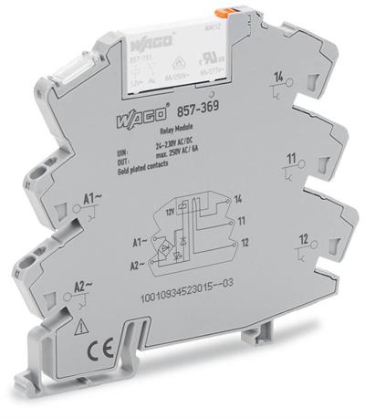 WAGO 857-369   Röle Modülü Nominal Giriş Gerilimi: 24 - 230V AC/DC 1 Değişken Kontak Sınırlayıcı Sürekli Akım 6A Altın Kontaklı Sarı Durum Göstergesi Modül Genişliği 6mm