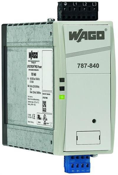 WAGO 787-840  Anahtarlamalı Mod Güç Kaynağı Pro 3 Fazlı 24VDC Çıkış Gerilimi 10A Çıkış Akımı TopBoost + PowerBoost DC OK Kontak 2.50mm²