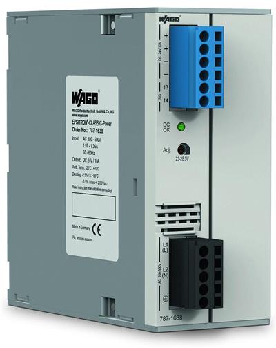WAGO 787-1638  Anahtarlamalı Mod Güç Kaynağı Klasik 2 Fazlı 24VDC Çıkış Gerilimi 10A Çıkış Akımı TopBoost DC OK Kontak
