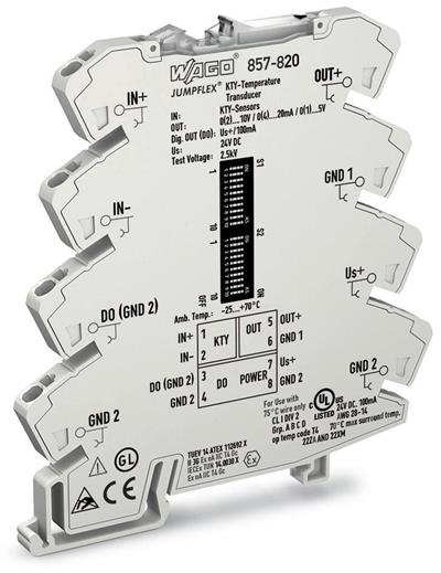 WAGO 857-820   KTY Sensörler İçin Sıcaklık Sinyali Şartlandırıcı Akım ve Gerilim Çıkışı Sinyali DIP Switch ile Konfigürasyon Besleme Gerilimi 24 VDC 6mm Modül Genişliği Açık Gri