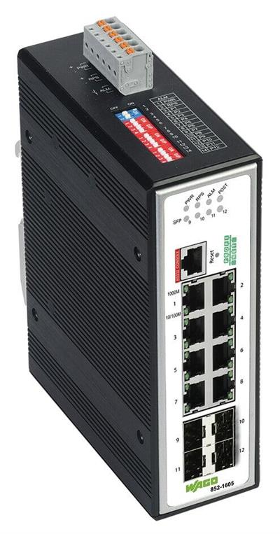 WAGO 852-1605  Endüstriyel Yönetilebilir Switch 8 Port 1000Base-T 4-Slot 1000Base-SX/LX PROFINET Geniş Sıcaklık Aralığı Metalik Siyah