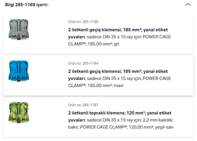 WAGO 285-1169  Üç Fazlı Set 185/120 Mm² Yüksek Akım Klemensli Sadece Dın 35 X 15 Ray İçin; Bakır Gri – Mavi – Yeşil - Sarı