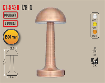 CT-8430 LİZBON ŞARJLI MASA LAMBASI 3 RENK E27