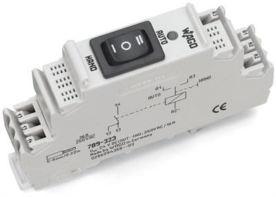 WAGO 789-323   Röle modülü; Nominal Giriş Gerilimi 24VDC 1 Normalde Açık Kontak Sınırlayıcı Sürekli Akım 16A Lamba Yükleri İçin Manuel/Kapalı/Oto Anahtarı Kırmızı Durum Göstergesi Modül Genişliği 18mm 2.50mm² Gri
