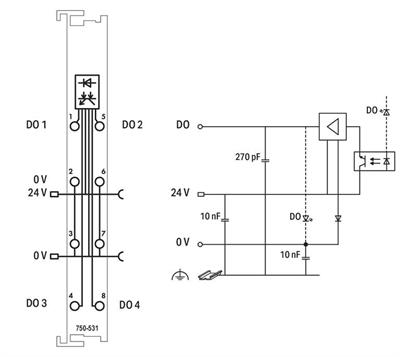 WAGO 750-531   4 Kanallı Dijital Çıkış 24 VDC 0.5 A 2 İletkenli Bağlantı