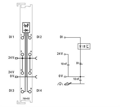 WAGO 750-432   4 Kanallı Dijital Giriş 24 VDC 3ms 2 İletkenli Bağlantı