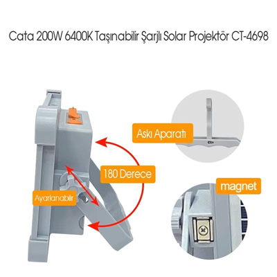 CT-4698 TAŞINABİLİR ŞARJLI SOLAR PROJEKTÖR (200W)