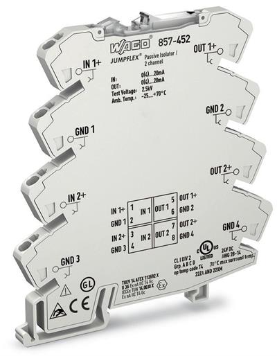 WAGO 857-452   Pasif İzolatör 2 Kanallı Akım Girişi Sinyali 2 x Akım Çıkışı Sinyali Giriş Üzerinden Güç 6mm Modül Genişliği 2.50 mm²
