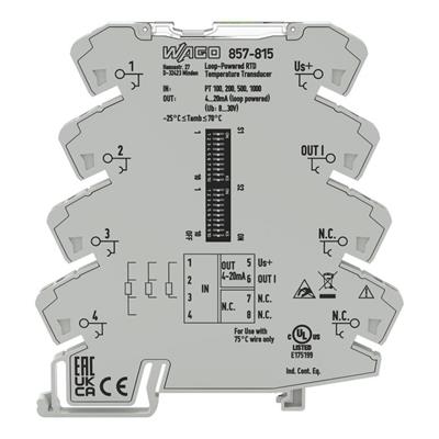 WAGO 857-815   RTD sensörler için sıcaklık sinyali şartlandırıcı; Akım çıkışı sinyali; Çıkış üzerinden güç; 6 mm modül genişliği