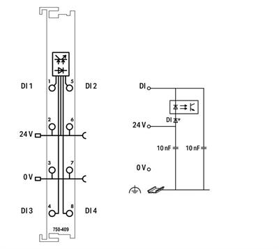 WAGO 750-409   4 Kanallı Dijital Giriş 24 VDC 0.2ms Düşen Kenar Anahtarlama