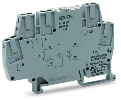 WAGO 859-756    Optokuplör modülü Nominal giriş gerilimi 24VDC Çıkış gerilimi aralığı 4 -6 VDC Sınırlayıcı sürekli akım 0.5A Frekans 10 kHz Modül genişliği 6mm Gri