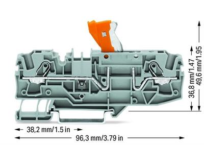 2006-1671 2 İLETKENLİ AYIRMA KLEMENSİ- DÖNEN BIÇAK AYIRMALI- TEST SEÇENEĞİ İLE TURUNCU AYIRMA BAĞLANTISI- DIN-RAY 35x15 VE 35x7,5 İÇİN; 6 MM² PUSH-İN CAGE CLAMP® GRİ