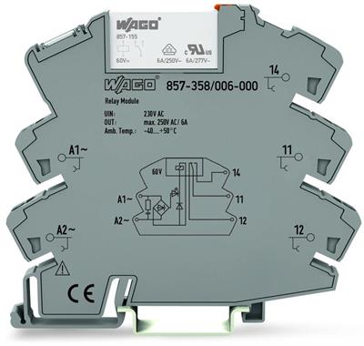 WAGO 857-358/006-000   Röle Modülü Nominal Giriş Gerilimi 230VAC 1 Değişken Kontak Sınırlayıcı Sürekli Akım 6A Entegre Baz Yük Modüllü Sarı Durum Göstergesi Modül Genişliği 6mm 2.50mm² Gri