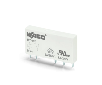 Wago 857-152 PLC RÖLE, RAY TİPİ, 6mm, TAKILABİLİR RÖLE, 6A, 1 DEĞİŞTİRİCİ KONTAK, DC 24 V, yedek röle