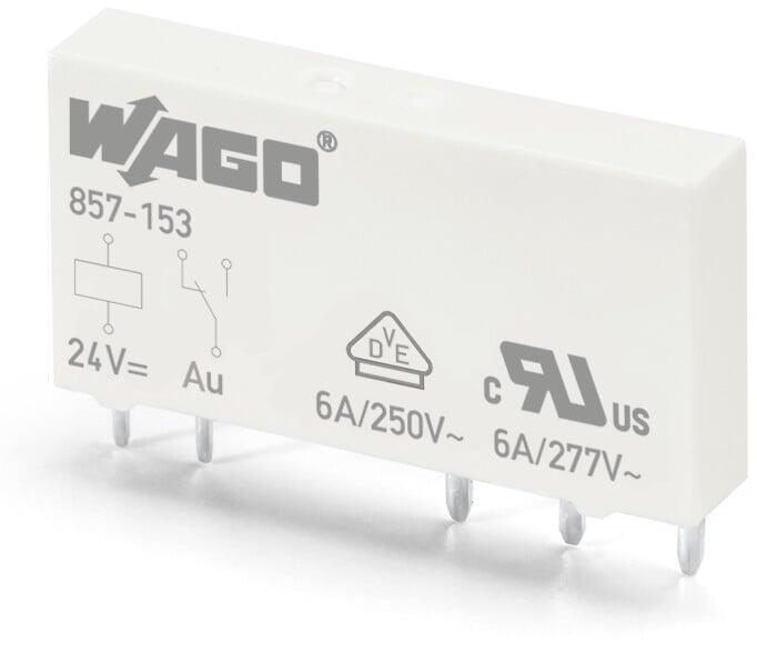 WAGO 857-153   Temel röle; Nominal giriş gerilimi: 24 VDC; 1 değişken kontak; Sınırlayıcı sürekli akım: 6 A; altın kontaklı Modül genişliği 5mm Modül yüksekliği 15mm