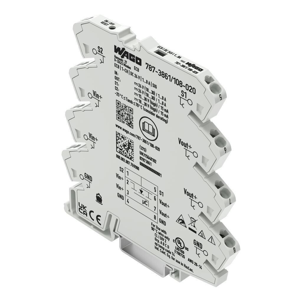 WAGO 787-3861/108-020  Elektronik Devre Kesici 1 Kanallı 24VDC Giriş Gerilimi Ayarlanabilir 1 - 8A Sinyal Kontağı