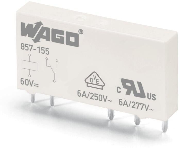 WAGO 857-155   Temel röle Nominal giriş gerilimi 60VDC 1 değişken kontak Sınırlayıcı sürekli akım 6A Modül genişliği 5mm Modül yüksekliği 15mm