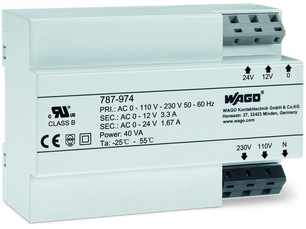 WAGO 787-974  Trafo Güç Kaynağı Giriş Gerilimi 230VAC Çıkış Gerilimi 12 - 24VAC Çıkış Gücü 40VA