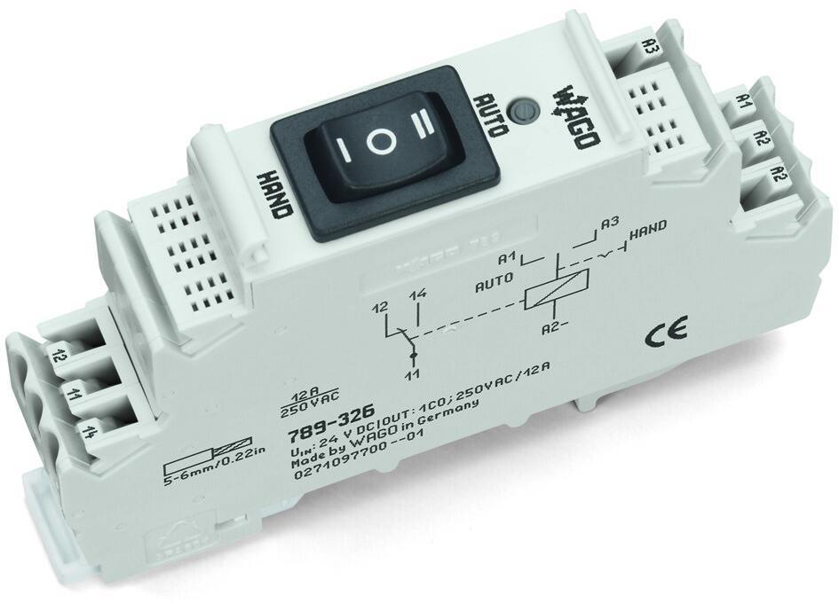 WAGO 789-326   Röle Modülü Nominal Giriş Gerilimi 24VDC 1 Değişken Kontak Sınırlayıcı Sürekli Akım 12A Lamba Yükleri İçin Manuel/Kapalı/Oto Anahtarı Kırmızı Durum Göstergesi Modül Genişliği 18mm