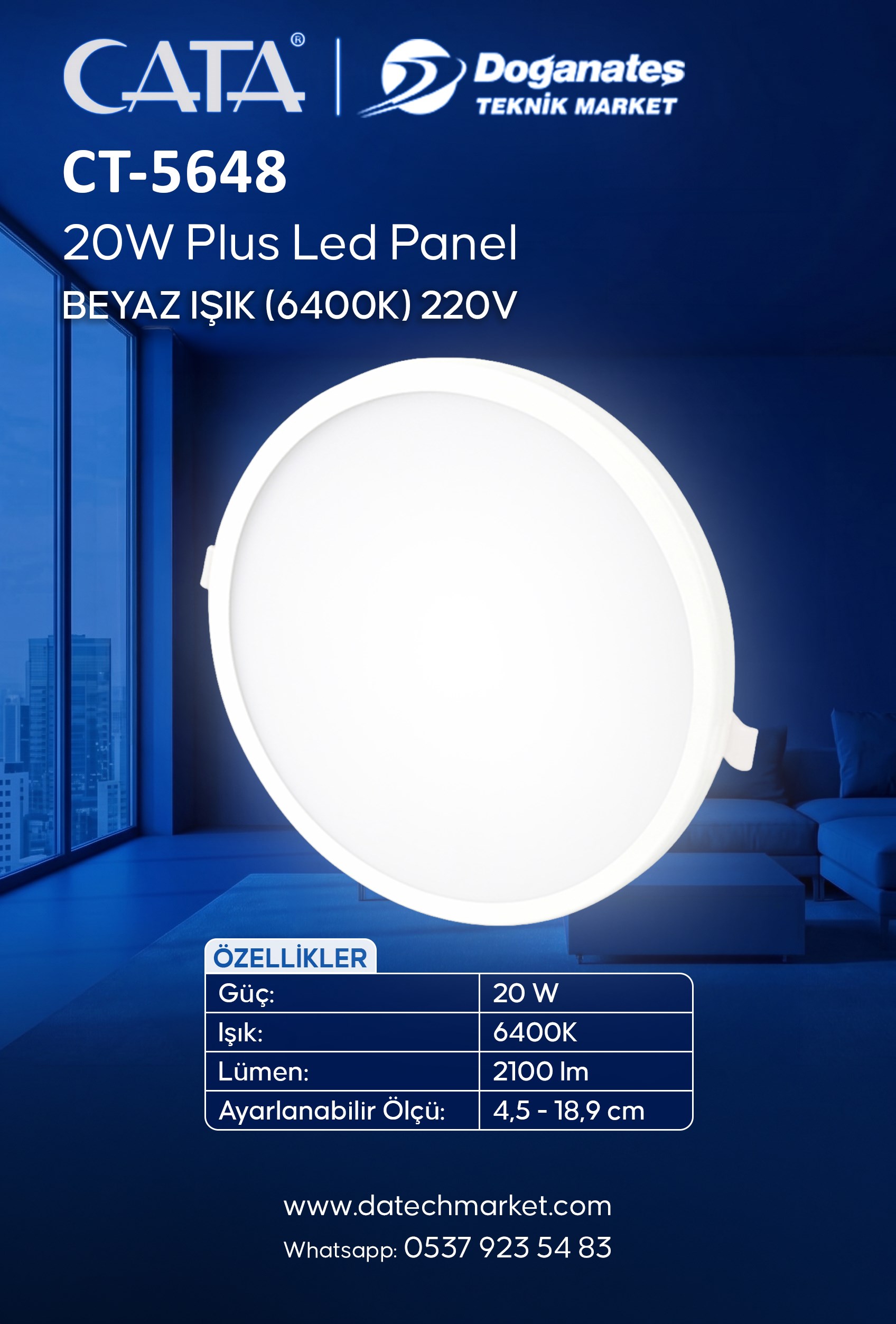 CT-5648 PLUS 20W BEYAZ IŞIK SIVA ALTI LED PANEL (6400K)