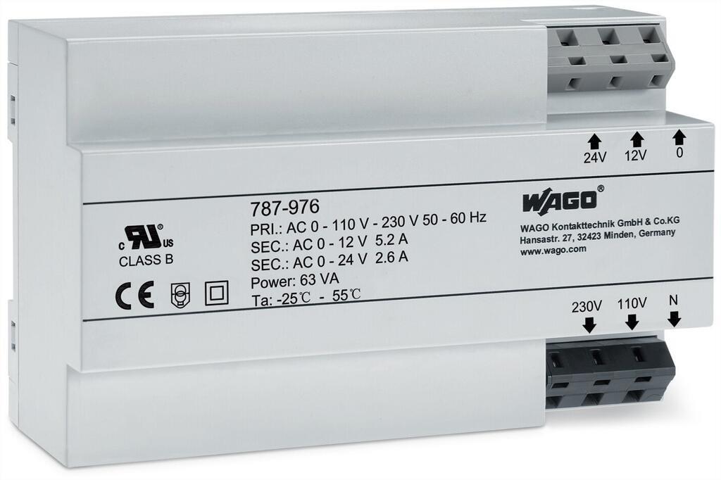 WAGO 787-976 Trafo Güç Kaynağı Giriş Gerilimi 230VAC Çıkış Gerilimi 12 - 24VAC Çıkış gücü 63VA