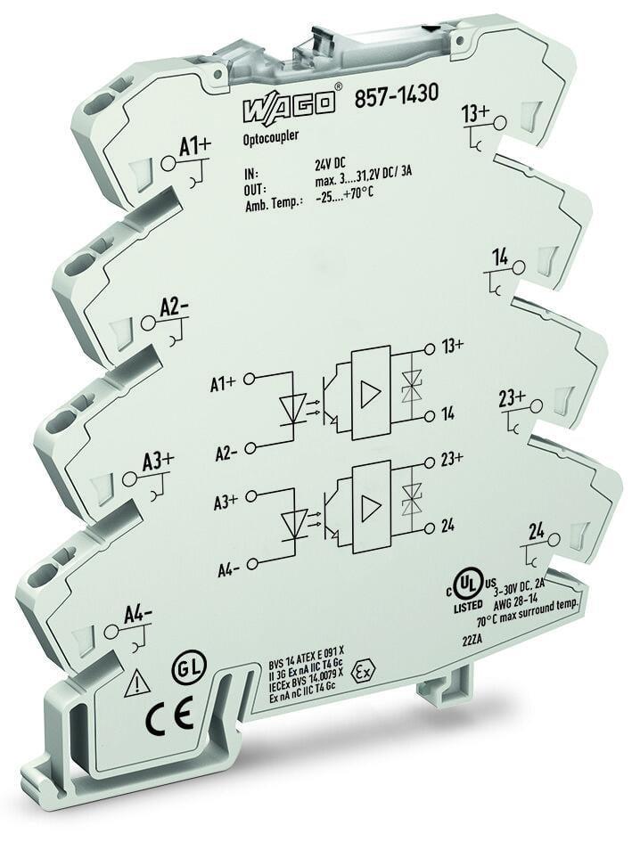 WAGO 857-1430   Optokuplör Modülü 2 Portlu Nominal Giriş Gerilimi 24VDC Çıkış Gerilimi Aralığı 3 - 31.2 VDC Sınırlayıcı Sürekli Akım 3A 2 Telli Bağlantı Sarı Durum Göstergesi Modül Genişliği 6mm Açık Gri
