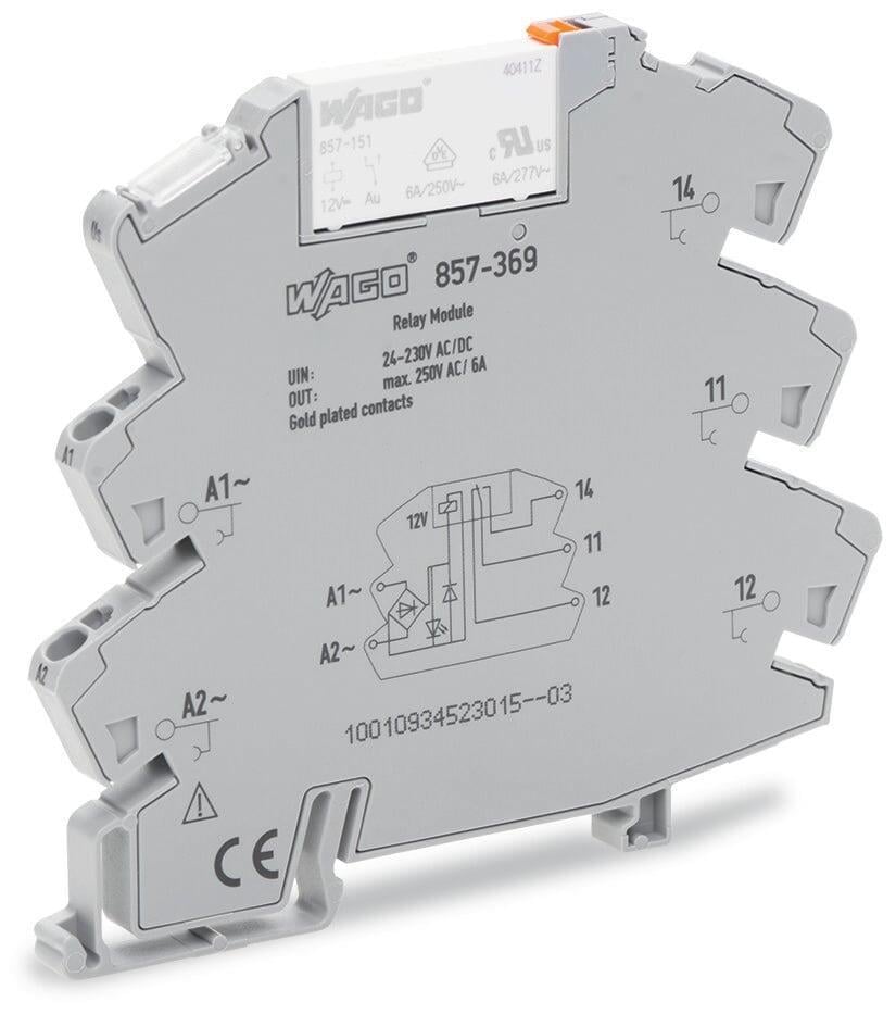 WAGO 857-369   Röle Modülü Nominal Giriş Gerilimi: 24 - 230V AC/DC 1 Değişken Kontak Sınırlayıcı Sürekli Akım 6A Altın Kontaklı Sarı Durum Göstergesi Modül Genişliği 6mm