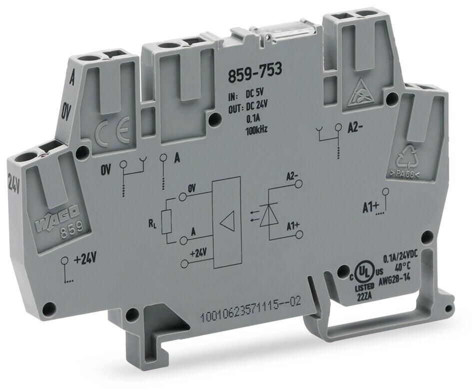 WAGO 859-753   Optokuplör Modülü Nominal Giriş Gerilimi 5 VDC Çıkış Gerilimi AralığI 0 - 24 VDC Modül Genişliği 6mm Gri