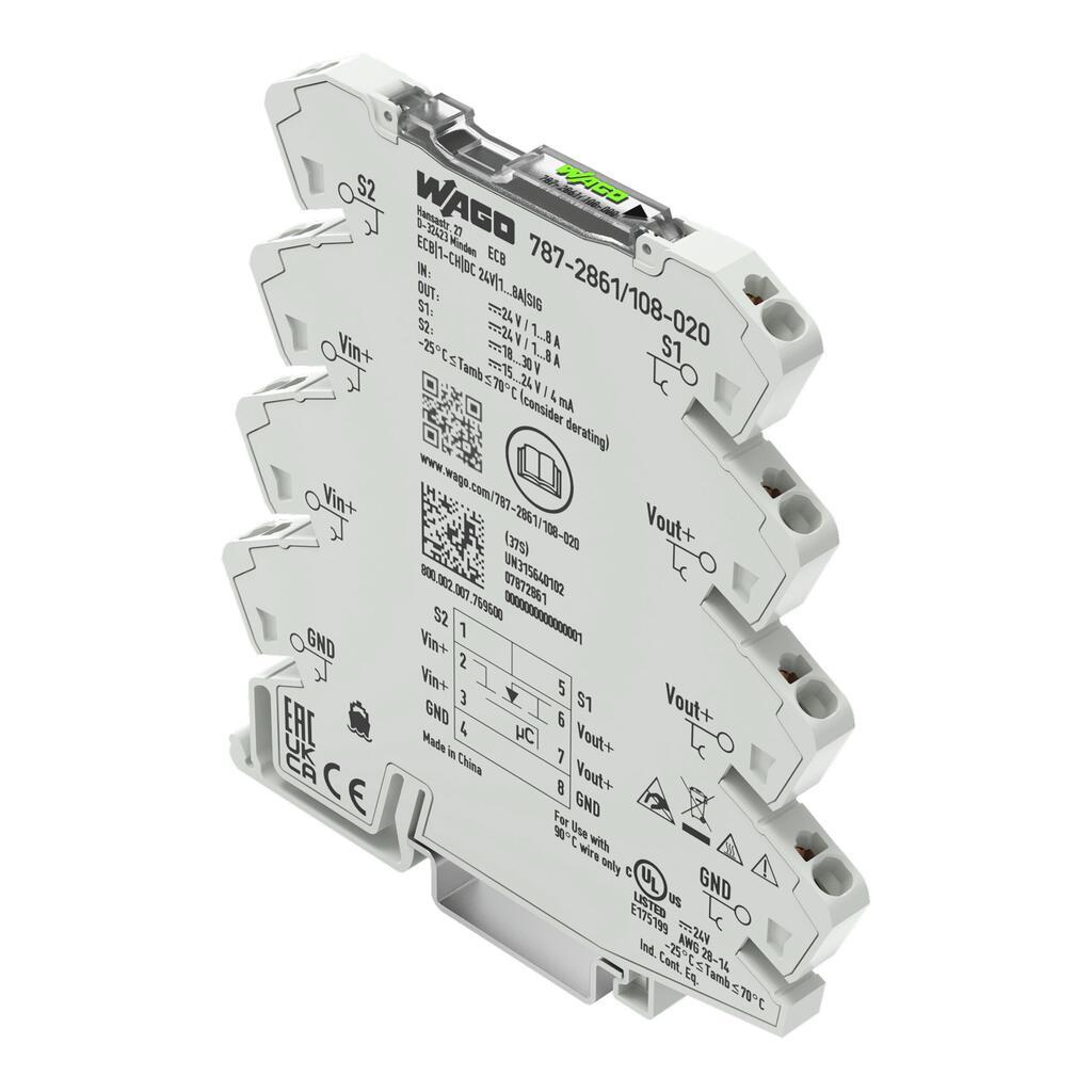 WAGO 787-2861/108-020 Elektronik Devre Kesici 1 Kanallı 24VDC Giriş Gerilimi Ayarlanabilir 1 - 8A Sinyal Kontağı