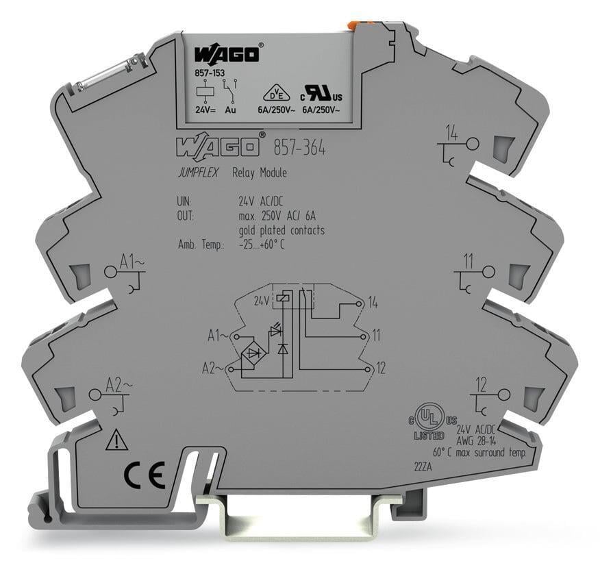 WAGO 857-364   Röle Modülü Nominal Giriş Gerilimi 24V AC/DC 1 Değişken Kontak Sınırlayıcı Sürekli Akım 6A Altın Kontaklı Sarı Durum Göstergesi Modül Genişliği 6mm