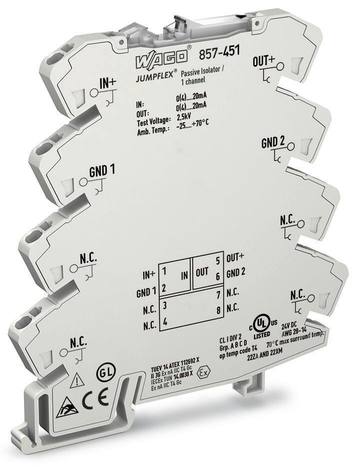 WAGO 857-451   Pasif İzolatör 1 Kanallı Akım Girişi Sinyali Akım Çıkışı Sinyali Giriş Üzerinden Güç 6mm Modül Genişliği 2.50 mm²