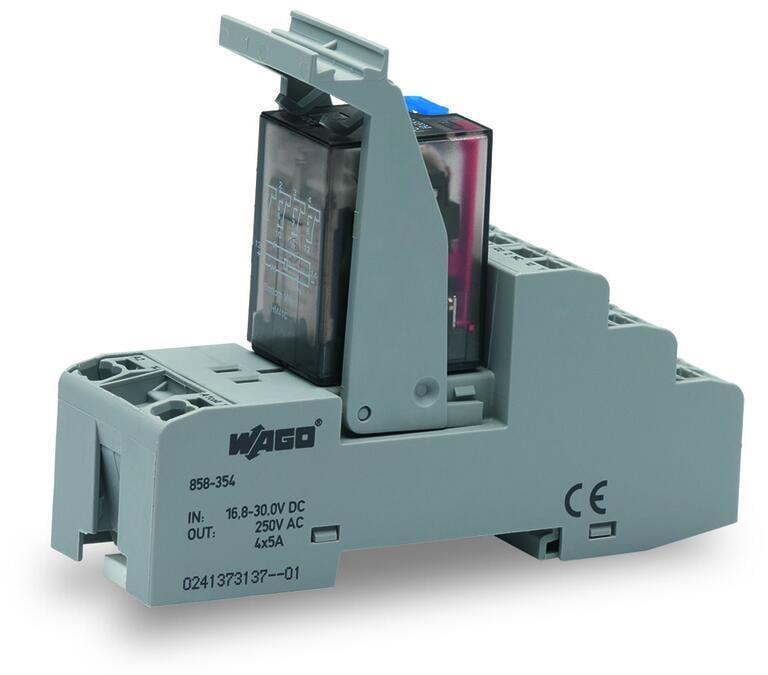 WAGO 858-354   Röle Modülü Nominal Giriş Gerilimi 24VDC 4 Değişken Kontak Sınırlayıcı Sürekli Akım 5A Manuel Çalıştırmalı Demiryolu Kırmızı Durum Göstergesi Modül Genişliği 31mm