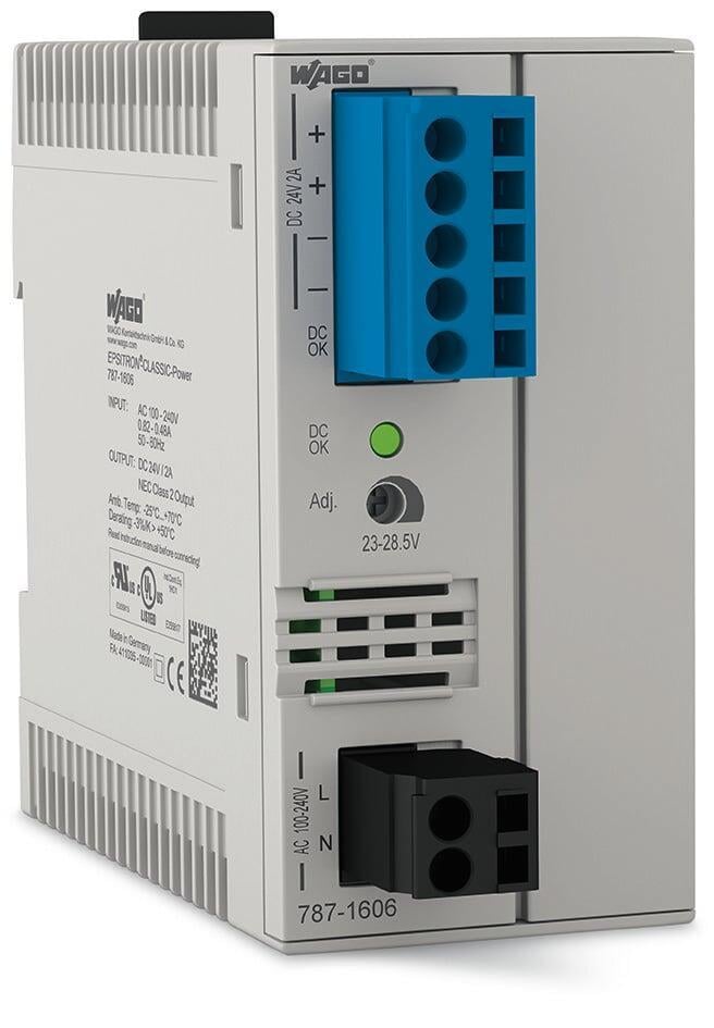 WAGO 787-1606  Anahtarlamalı Mod Güç Kaynağı Klasik 1 Fazlı 24VDC Çıkış Gerilimi 2A Çıkış Akımı NEC Sınıf 2 DC OK Sinyali