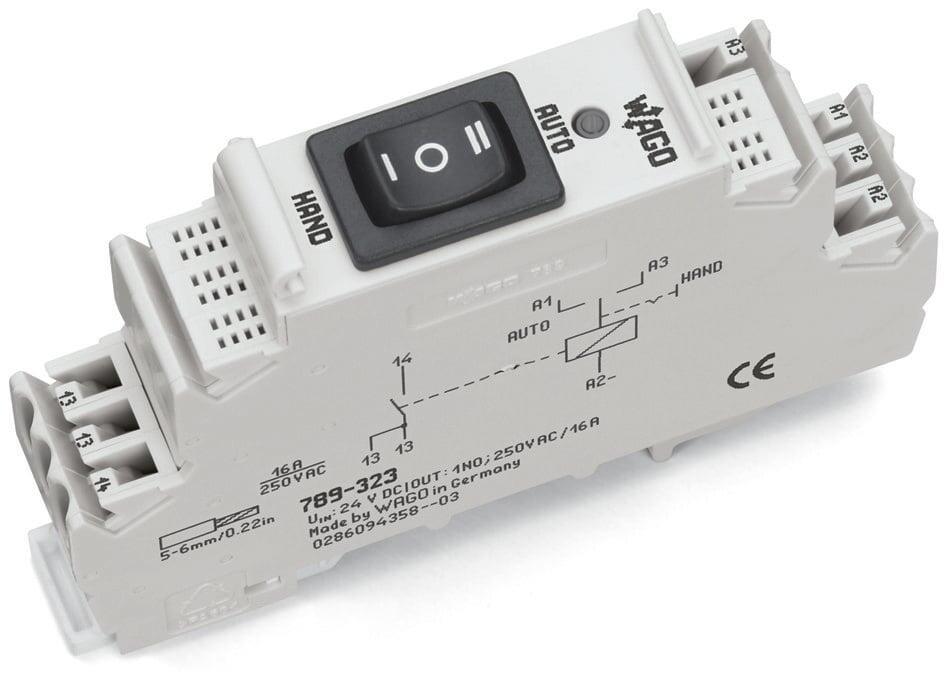 WAGO 789-323   Röle modülü; Nominal Giriş Gerilimi 24VDC 1 Normalde Açık Kontak Sınırlayıcı Sürekli Akım 16A Lamba Yükleri İçin Manuel/Kapalı/Oto Anahtarı Kırmızı Durum Göstergesi Modül Genişliği 18mm 2.50mm² Gri