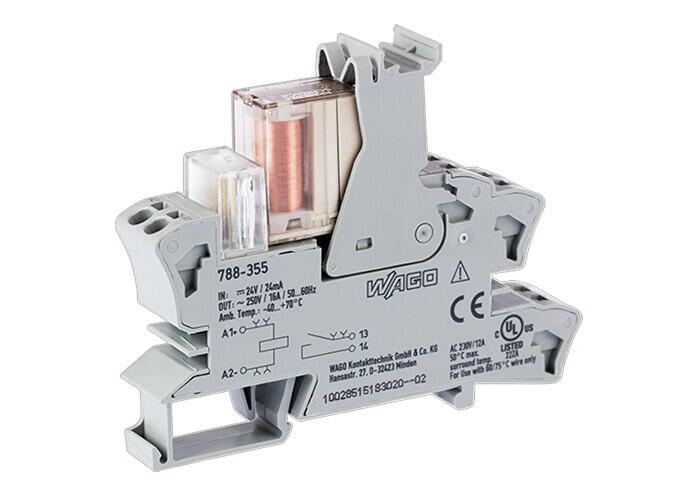 WAGO 788-355   Röle Modülü Nominal Giriş Gerilimi 24VDC 1 Normalde Açık Kontak Sınırlayıcı Sürekli Akım 16A Lamba Yükleri İçin Kırmızı Durum Göstergesi Modül Genişliği 15mm 2.50mm² Gri