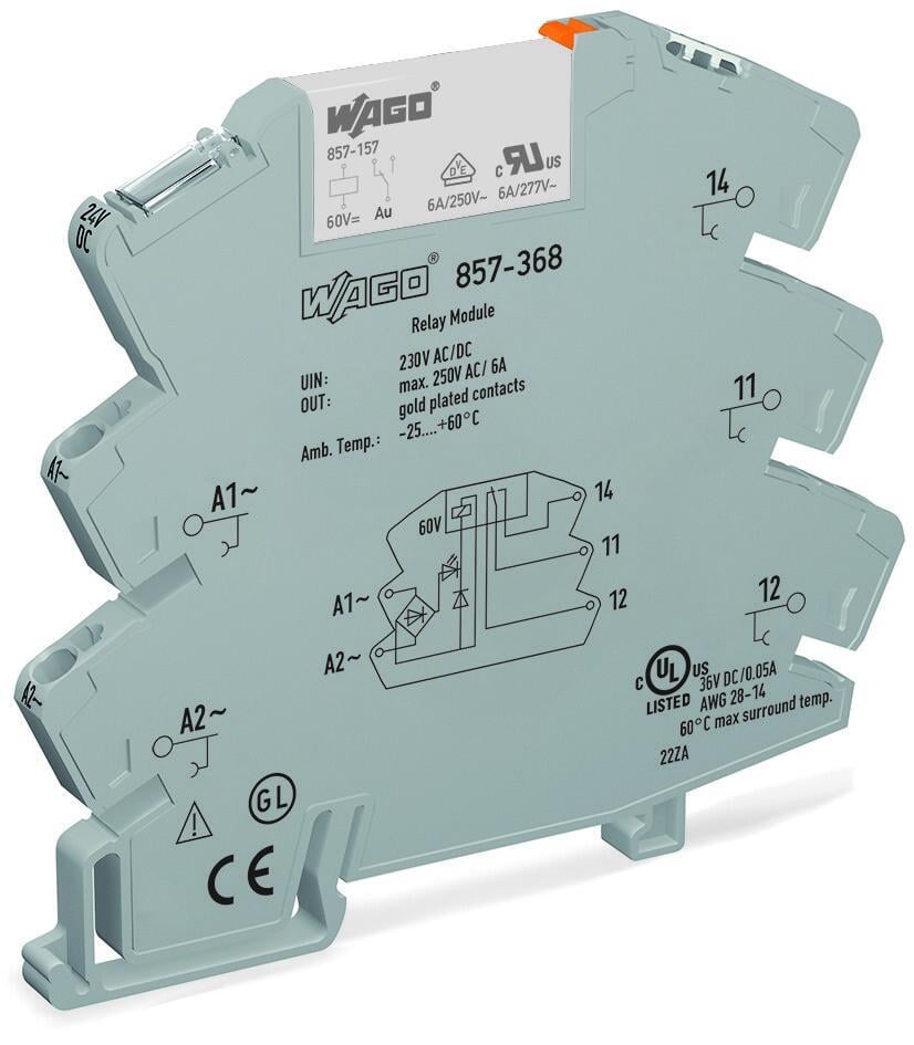WAGO 857-368   Röle Modülü Nominal Giriş Gerilimi 230V AC/DC 1 Değişken Kontak Sınırlayıcı Sürekli Akım 6A Altın Kontaklı Sarı Durum Göstergesi Modül Genişliği 6mm 2.50mm² Gri