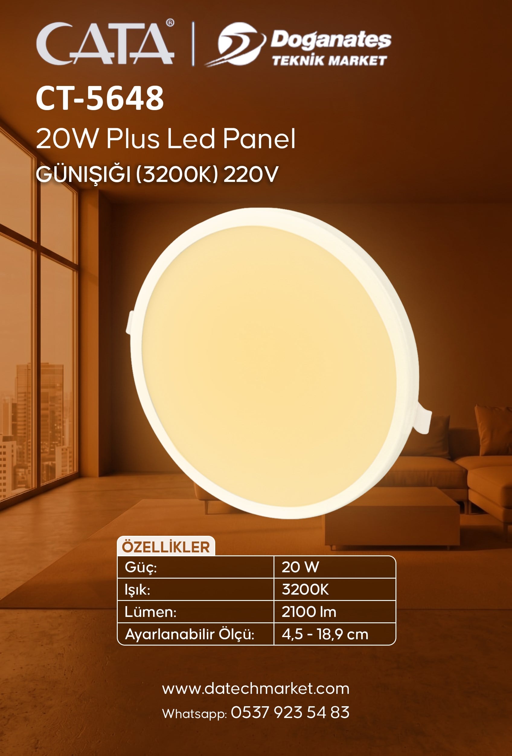 CT-5648 PLUS 20W GÜNIŞIĞI SIVA ALTI LED PANEL (3200K)