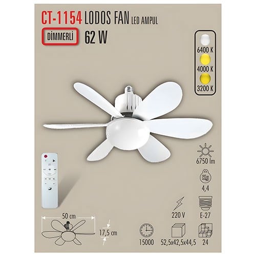 CT 1154 LODOS 62W VANTİLATÖR LED AMPÜL 3 RENK DİMMERLİ ( KUMANDALI)