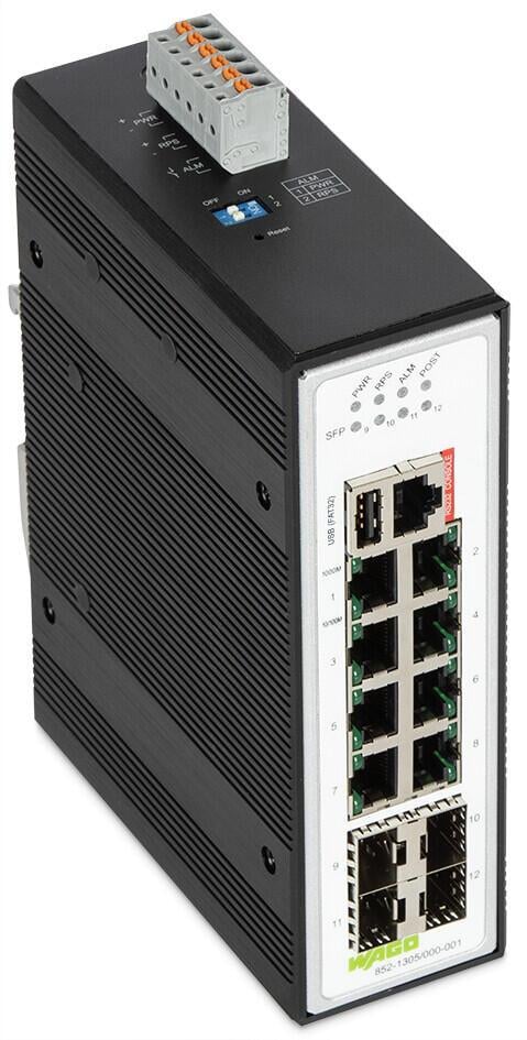 WAGO 852-1305/000-001  Endüstriyel Yönetilebilir Switch 8 Port 1000Base-T 4-Slot 1000Base-SX/LX Geniş Sıcaklık Aralığı USB Metalik Siyah